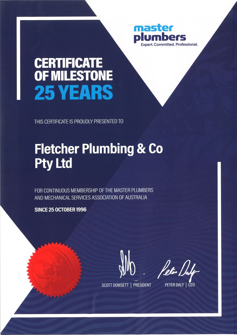 Fletcher Plumbing & Co Master Plumbers Certificate