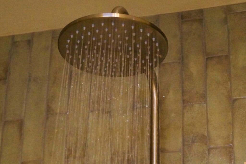 Ceiling mounted shower head with steady water flow in a tiled bathroom, showing modern plumbing fixture used in Albury Wodonga homes